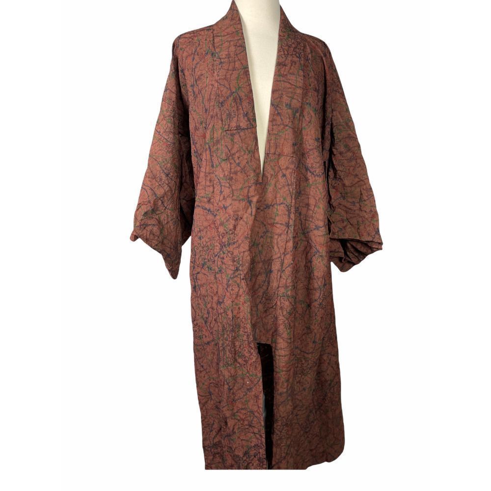 Handmade Vintage Brown Green Leaf Kimono Beach Cover Up Robe OS Tapestry